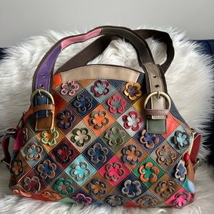 Amerileather Lorely Leather Colorful Floral Applique Embellished Handbag NWOT